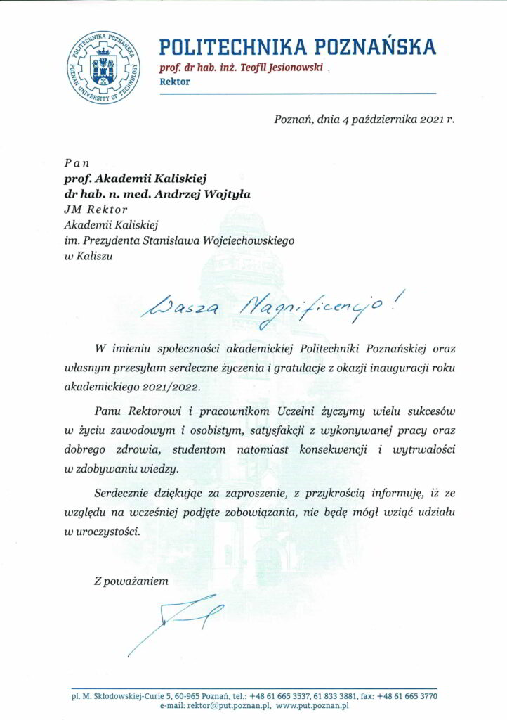 życzenia inauguracja roku akademickiego 2021/2022 Rektor Politechniki Poznańskiej