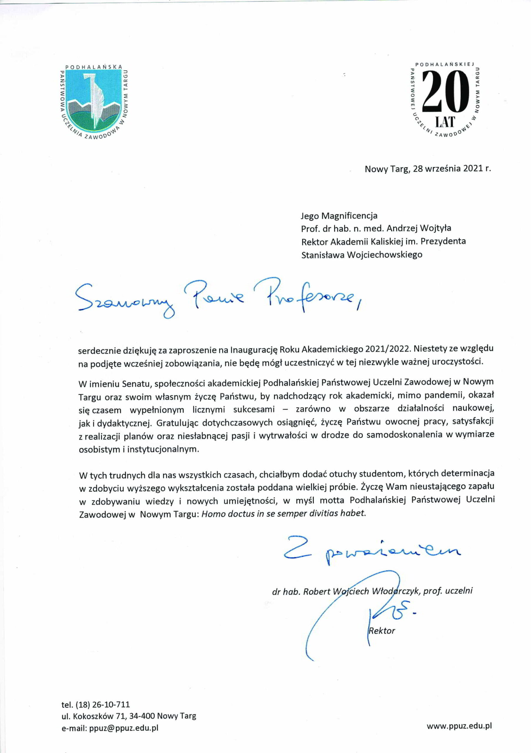 życzenia inauguracja roku akademickiego 2021/2022 Rektor PPUZ w Nowym Targu