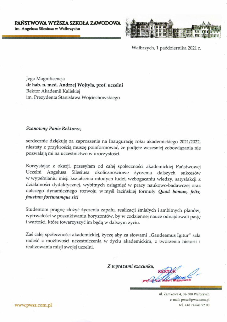 życzenia inauguracja roku akademickiego 2021/2022 Rektor PWSZ w Wałbrzychu