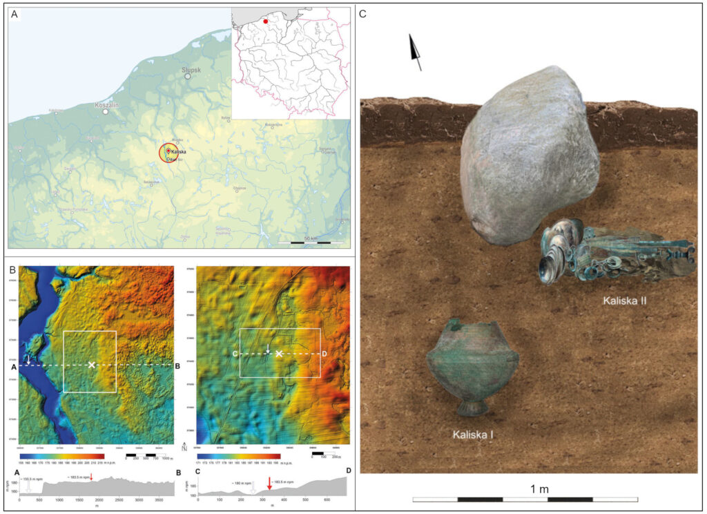 Lokalizacja miejscowości Kaliska na Pomorzu; (B) Numeryczny model terenu; C) Domniemany stratygraficzny układ zalegania skarbów Kaliska I i Kaliska II (wg Szczurek, Kaczmarek 2022)